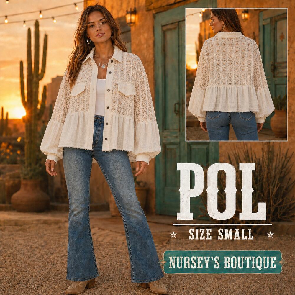 POL Lace Shacket Small Ivory Oversized Button Down Boho Raw Hem